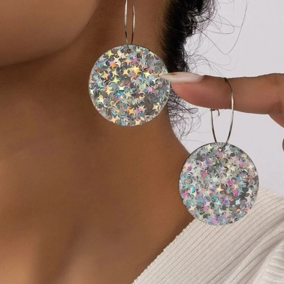 2/$30🌵 Pixiedust Iridescent Glitter Sparkle Earrings Acrylic Circle Hoop Disc - Picture 3 of 8